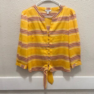Express Yellow Striped Button Front Tie Blouse XS